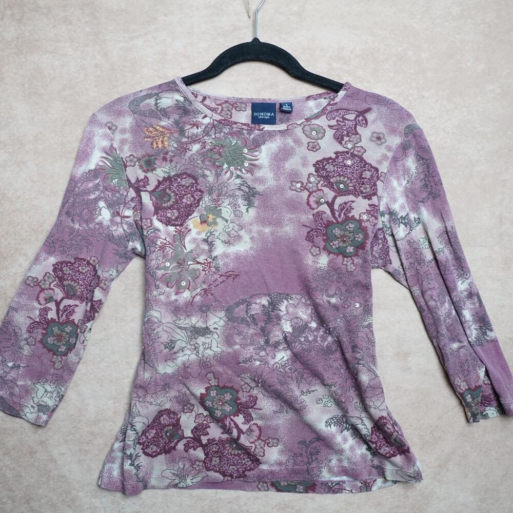 Sonoma Floral Embellished Knit Top Small Y2K